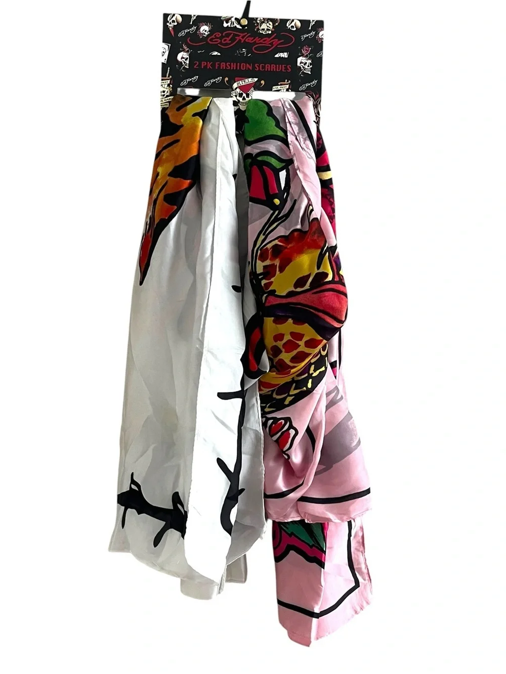 Ed Hardy 2 Piece White and Pink Bandana Scarves Tattoo Skull Tiger Y2K